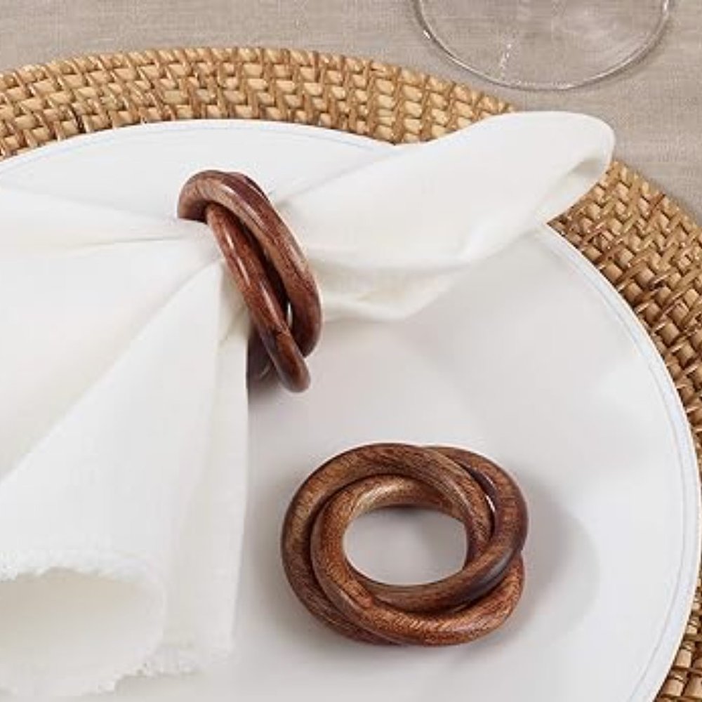 Wood Interlocked 3 Ring Napkin Ring Holder -  Set of 3